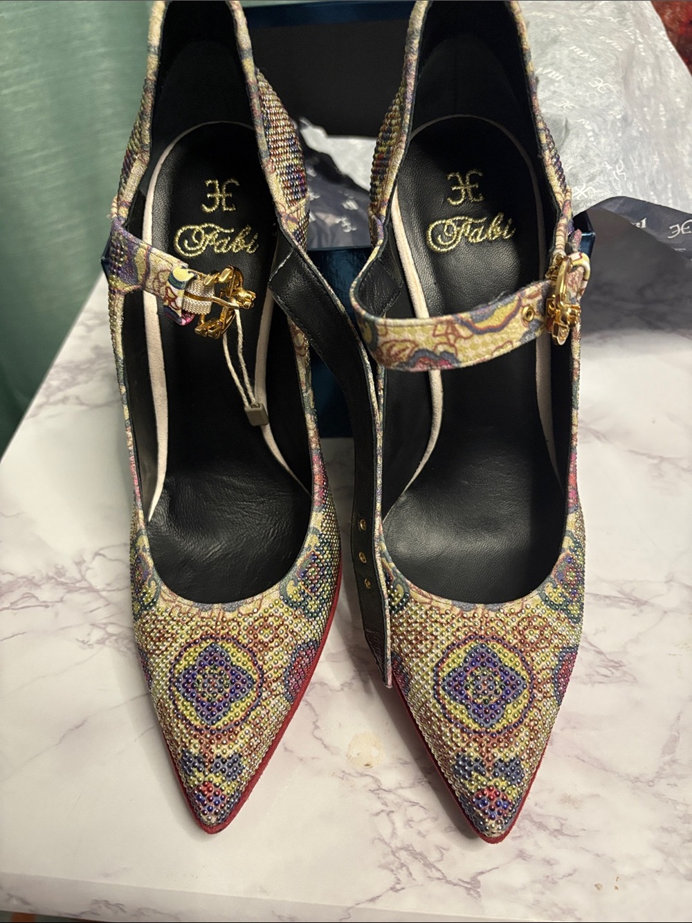 Fabi Multicolor Jeweled Pointed-Toe Mary Jane Heels